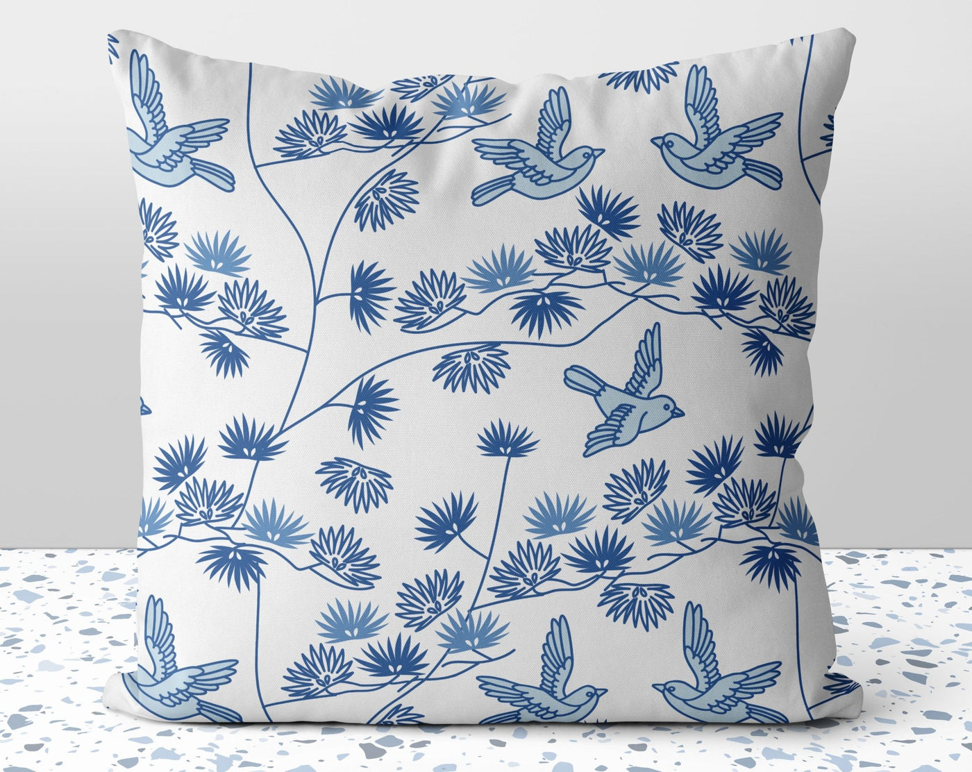 Blue Asian Birds Pillow Throw Cover with Insert - Cush Potato Pillows