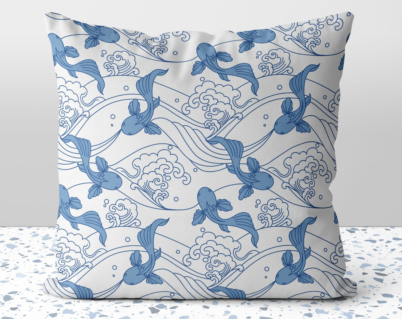 Blue Asian Koi Fish Pillow Throw Cover with Insert - Cush Potato Pillows