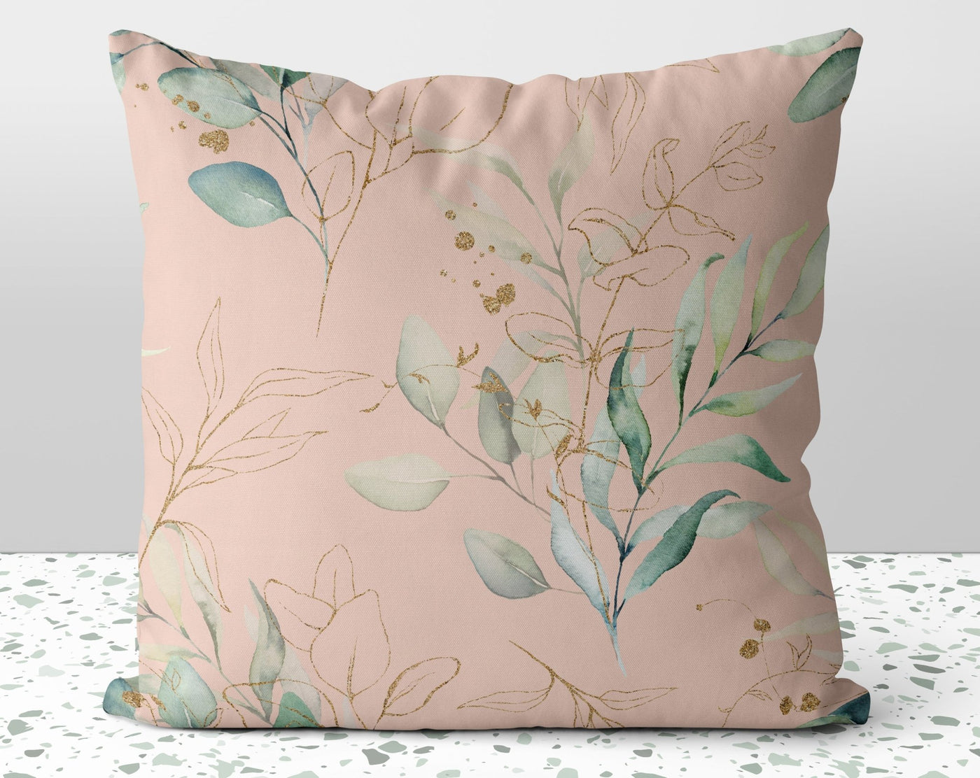 Calm Eucalyptus Leaves on Pink Blush Pillow Throw Cover