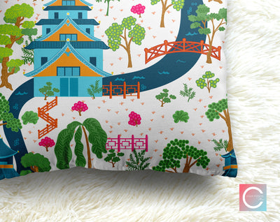 Chinoiserie Pagoda Asian Garden Decorative Pillow Throw Cover - Cush Potato Pillows