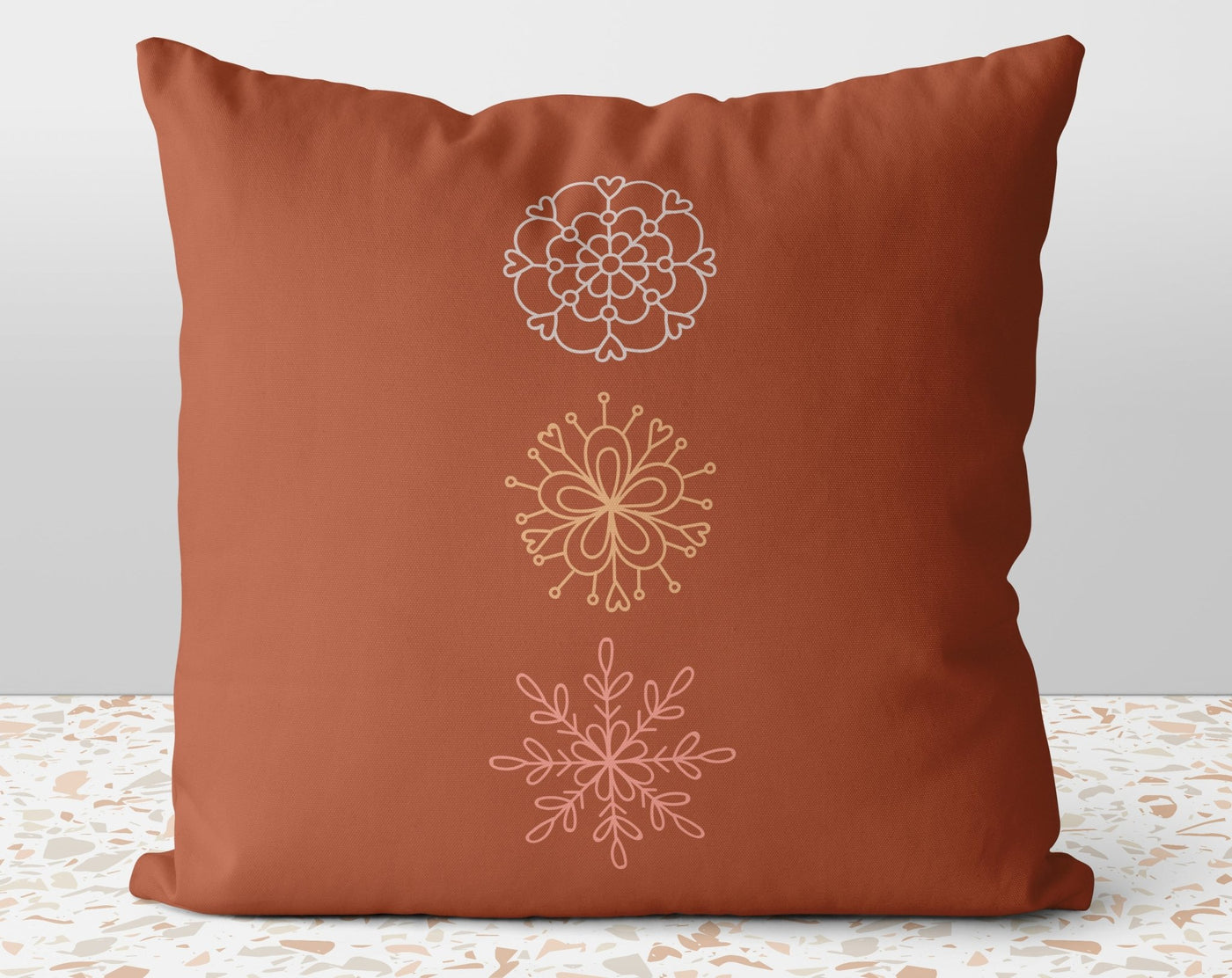 Christmas Boho Snowflake Happy Holidays Auburn Pink Red Square Pillow with Cover Throw with Insert - Cush Potato Pillows
