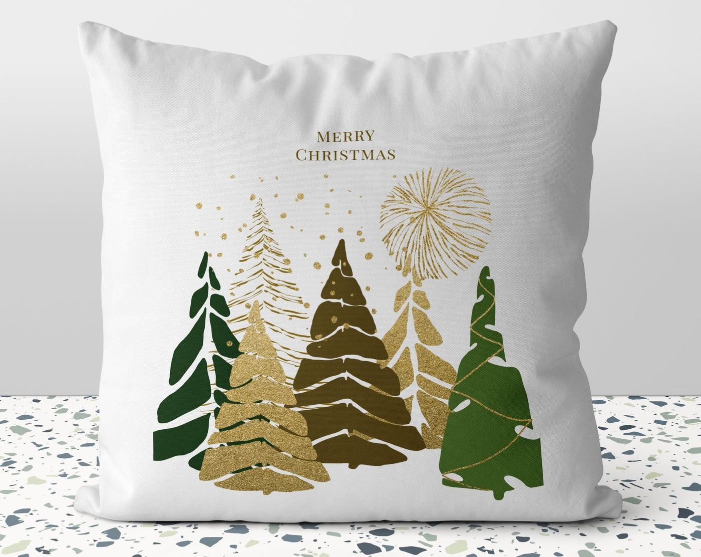 Christmas Elegant Trees Seasons Greetings White Green Gold Square Pillow with Cover Throw with Insert - Cush Potato Pillows