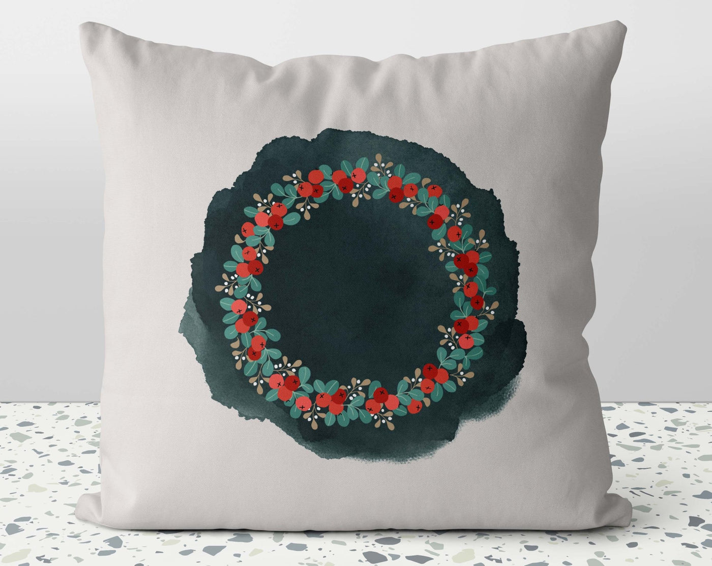 Christmas Festive Season Greetings Wreath Ornaments Green Beige Square Pillow Pillow Throw Cover