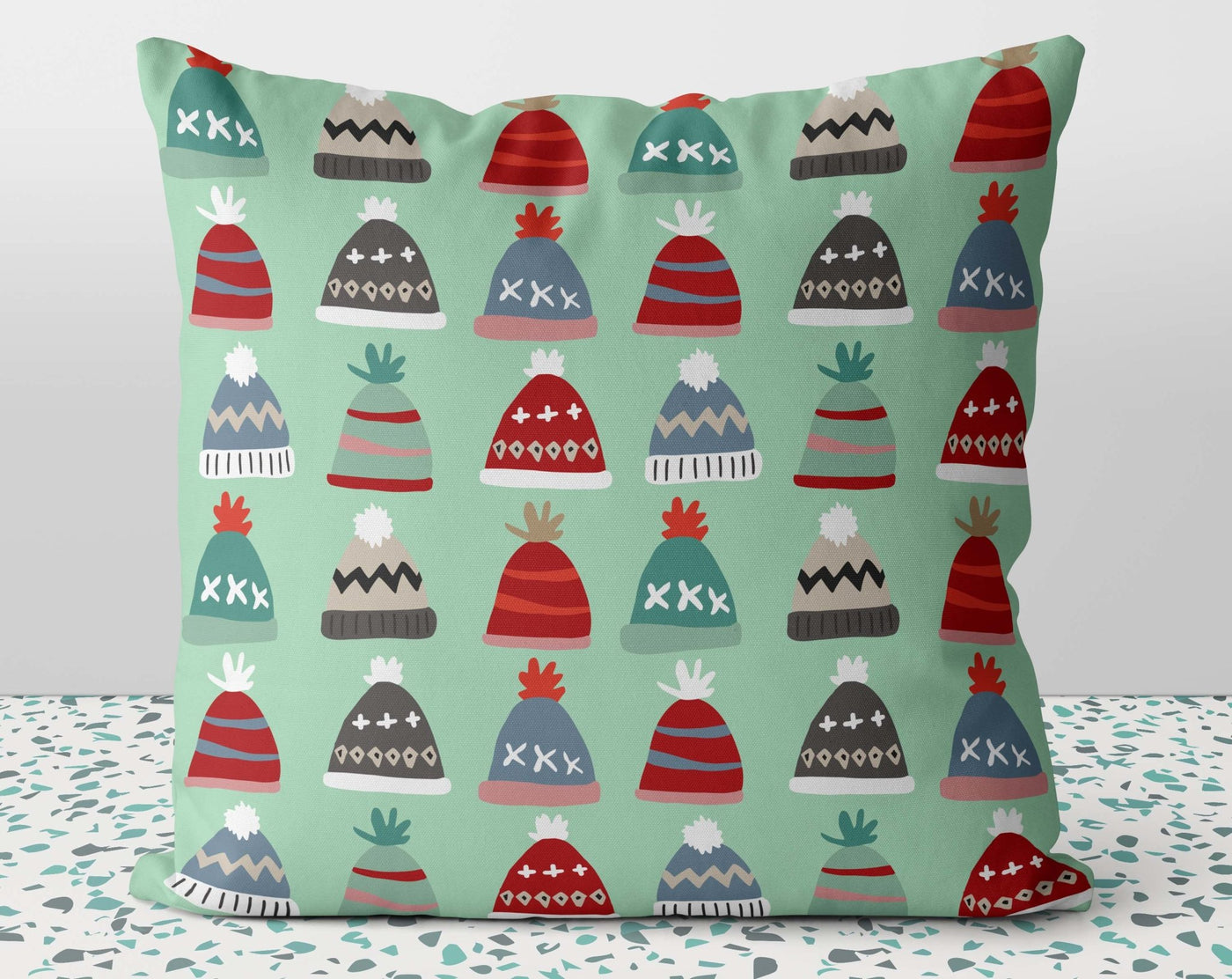 Christmas Festive Toques Green Pillow Throw Cover with Insert - Cush Potato Pillows