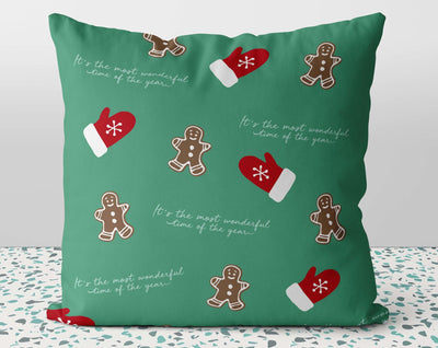 Christmas Gingerbread Man Most Wonderful Time of the Year Bakery Green Red Square Pillow with Cover Throw with Insert - Cush Potato Pillows