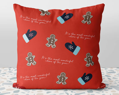 Christmas Gingerbread Man Most Wonderful Time of the Year Bakery Red Orange Pillow Throw Cover