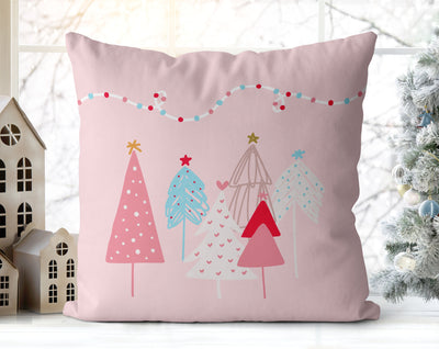 Christmas Pastel Whimsical Trees Pink Pillow Throw - Cush Potato Pillows