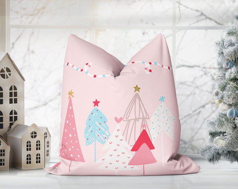 Christmas Pastel Whimsical Trees Pink Pillow Throw - Cush Potato Pillows