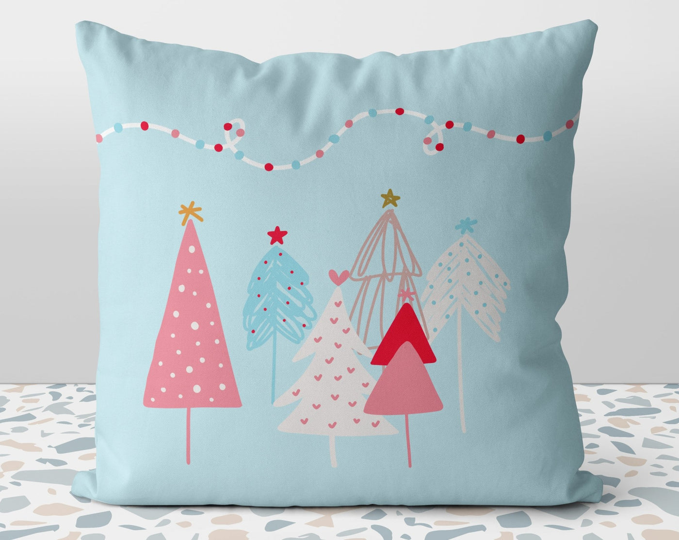 Christmas Pastel Whimsical Trees Seasons Greetings Blue Pink Red Pillow Throw Cover