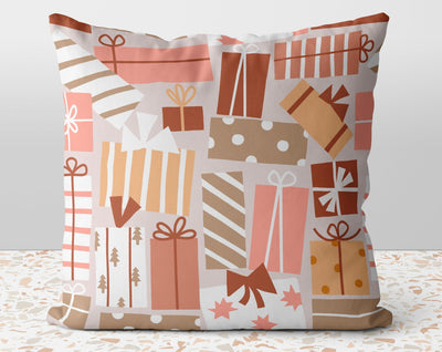 Christmas Presents Happy Holidays Pink Red Square Pillow with Cover Throw with Insert - Cush Potato Pillows
