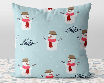 Christmas Snowman Let It Snow Season Greetings Blue Pillow Throw Cover with Insert - Cush Potato Pillows