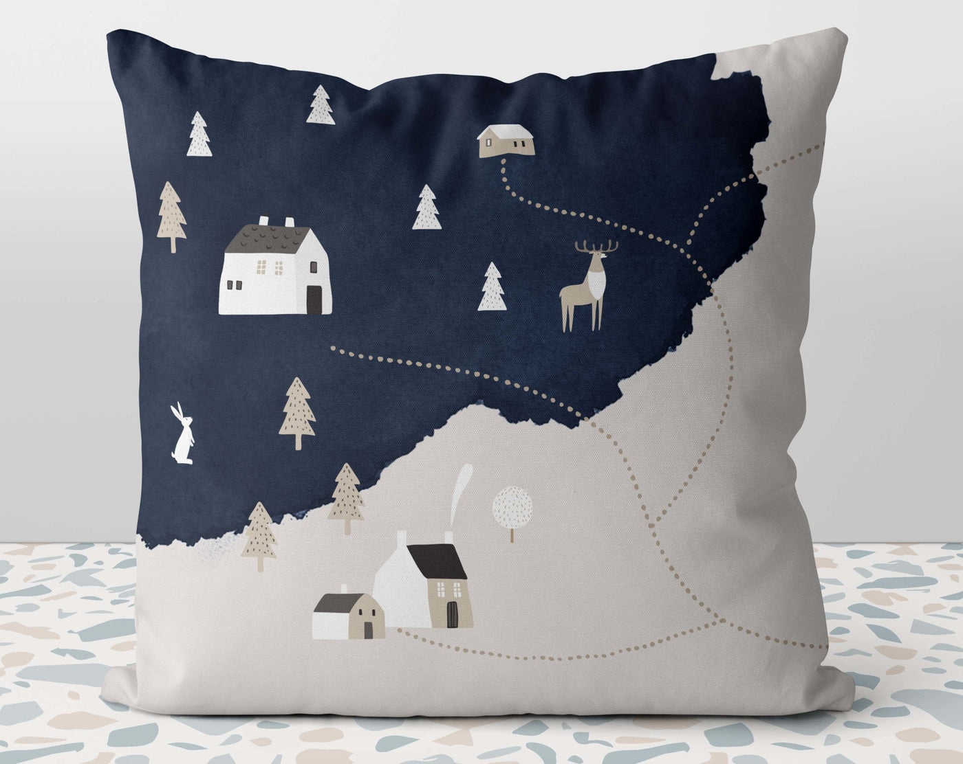 Christmas Town Village Starry Night Season Greetings Blue Beige Square Pillow with Cover Throw with Insert - Cush Potato Pillows