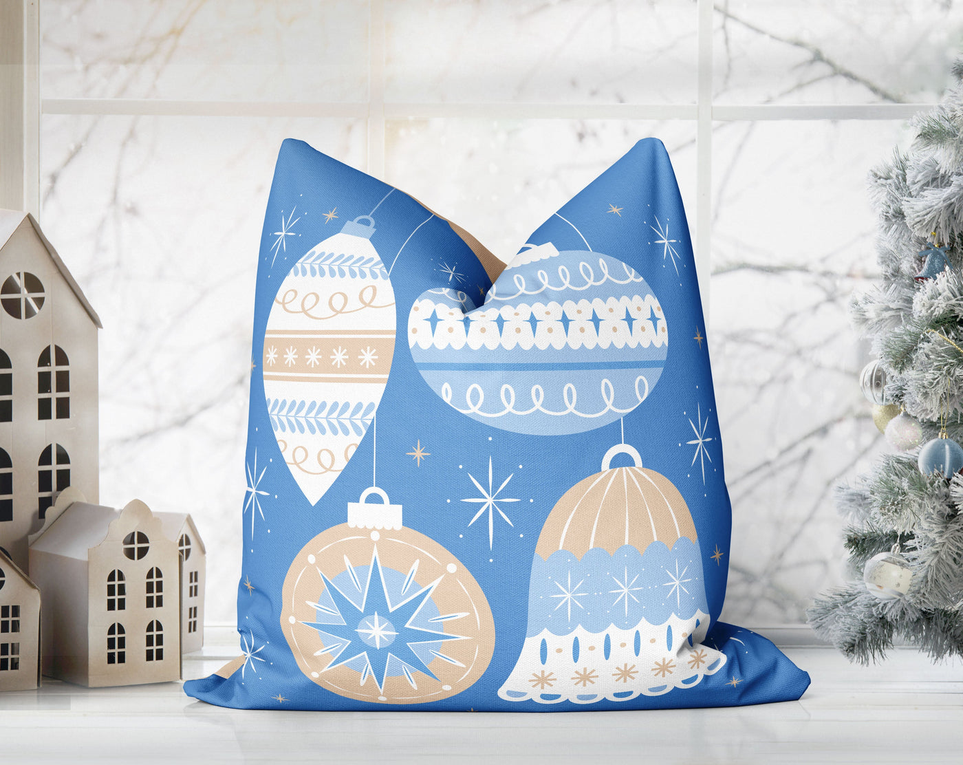 Classical Ornaments Christmas Blue and Beige Pillow Throw - Cush Potato Pillows