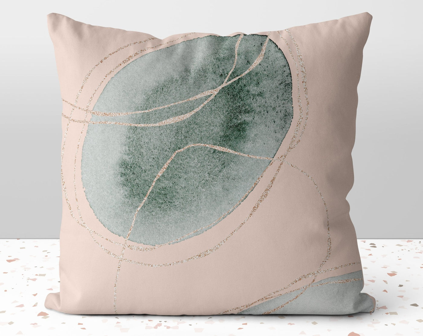 Elegant Chic Circle Pod Peach Pink Square Pillow with Gold Printed Accents Pillow Throw Cover