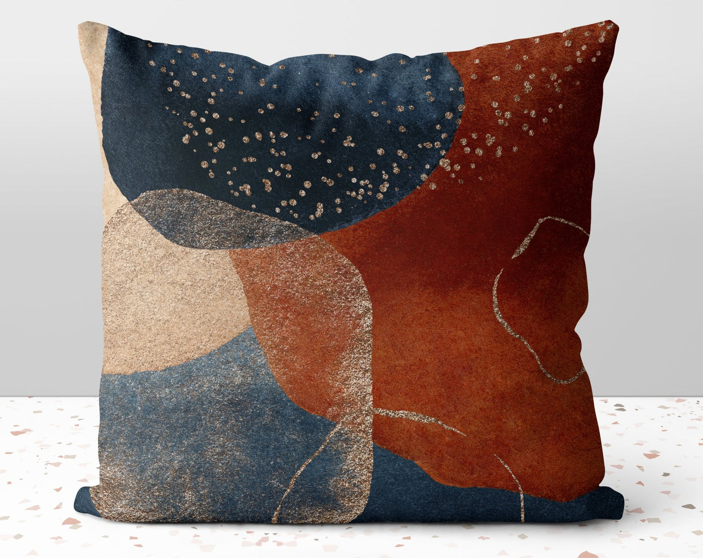 Elegant Glam Orange Blue Square Pillow with Gold Printed Accents with Cover Throw with Insert - Cush Potato Pillows
