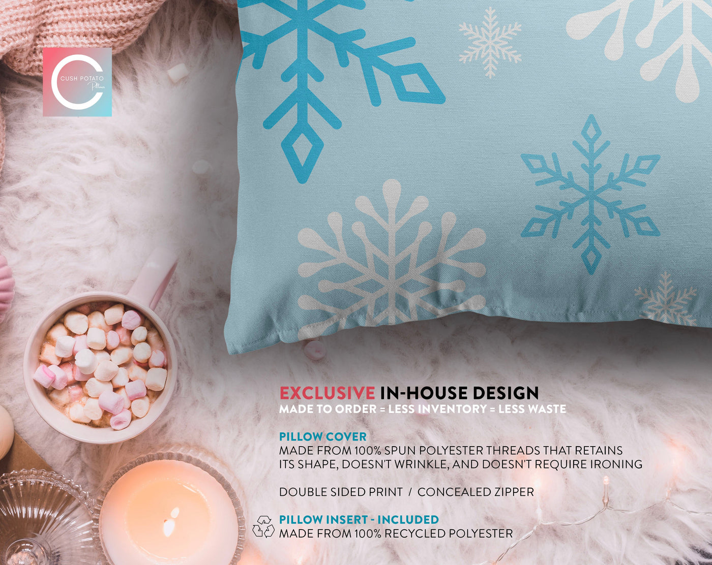 Enchanted Snowflakes Winter Christmas Blue Pillow Throw - Cush Potato Pillows