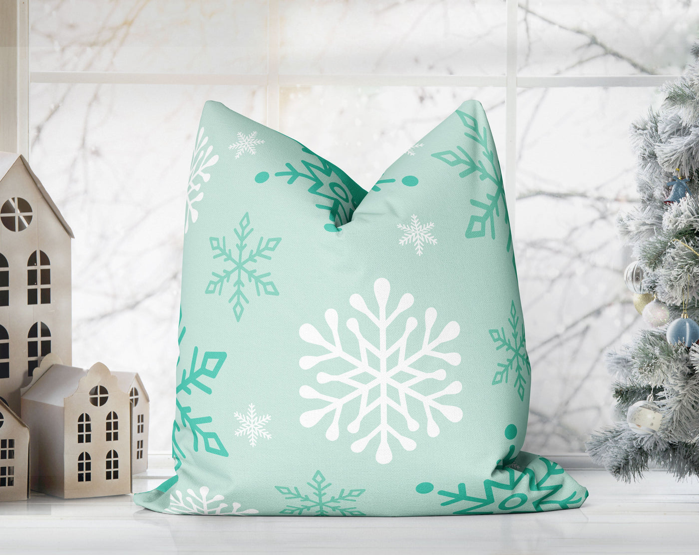 Enchanted Snowflakes Winter Christmas Frosty Mint Green Pillow Throw - Cush Potato Pillows