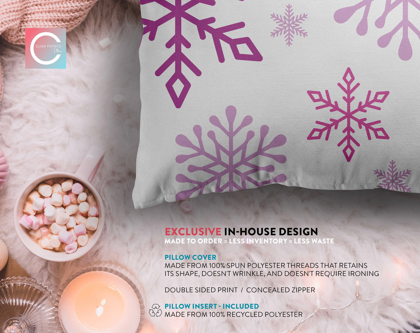 Enchanted Snowflakes Winter Christmas Lavender Purple Pillow Throw - Cush Potato Pillows