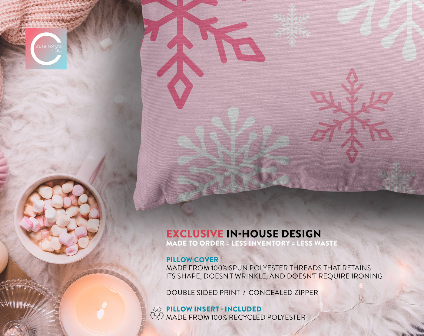 Enchanted Snowflakes Winter Christmas Pink Pillow Throw - Cush Potato Pillows