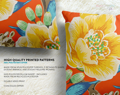 Exclusive Floral Orange Thibaut Inspired Pillow Throw Cover with Insert - Cush Potato Pillows