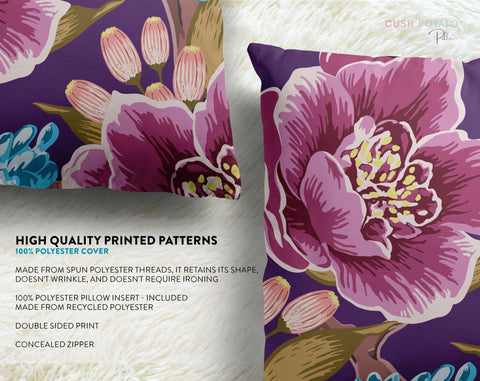 Exclusive Floral Purple Thibaut Inspired Pillow Throw Cover with Insert - Cush Potato Pillows