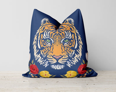 Exclusive Tiger Print Illustration and Flowers on Blue Decorative Pillow Throw Cover - Cush Potato Pillows