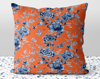 Floral Chinoiserie Blue Flowers on Orange Pillow Throw Cover with Insert - Cush Potato Pillows