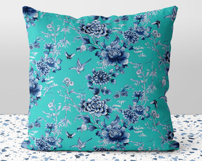 Floral Chinoiserie Blue Flowers on Teal Blue Pillow Throw Cover with Insert - Cush Potato Pillows