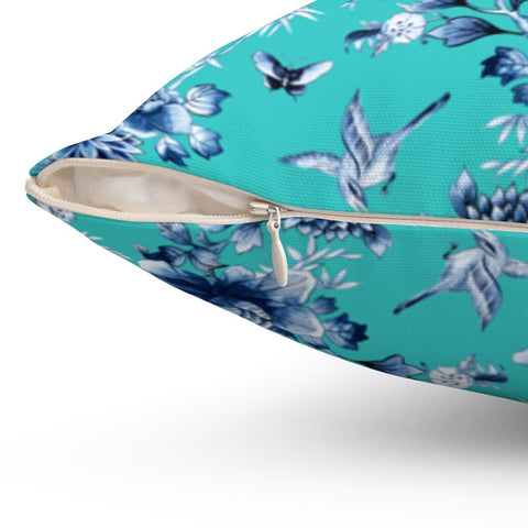 Floral Chinoiserie Blue Flowers on Teal Blue Pillow Throw Cover with Insert - Cush Potato Pillows