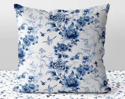 Floral Chinoiserie Blue Flowers on White Pillow Throw Cover with Insert - Cush Potato Pillows