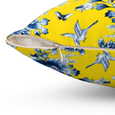 Floral Chinoiserie Blue Flowers Yellow Pillow Throw Cover with Insert - Cush Potato Pillows