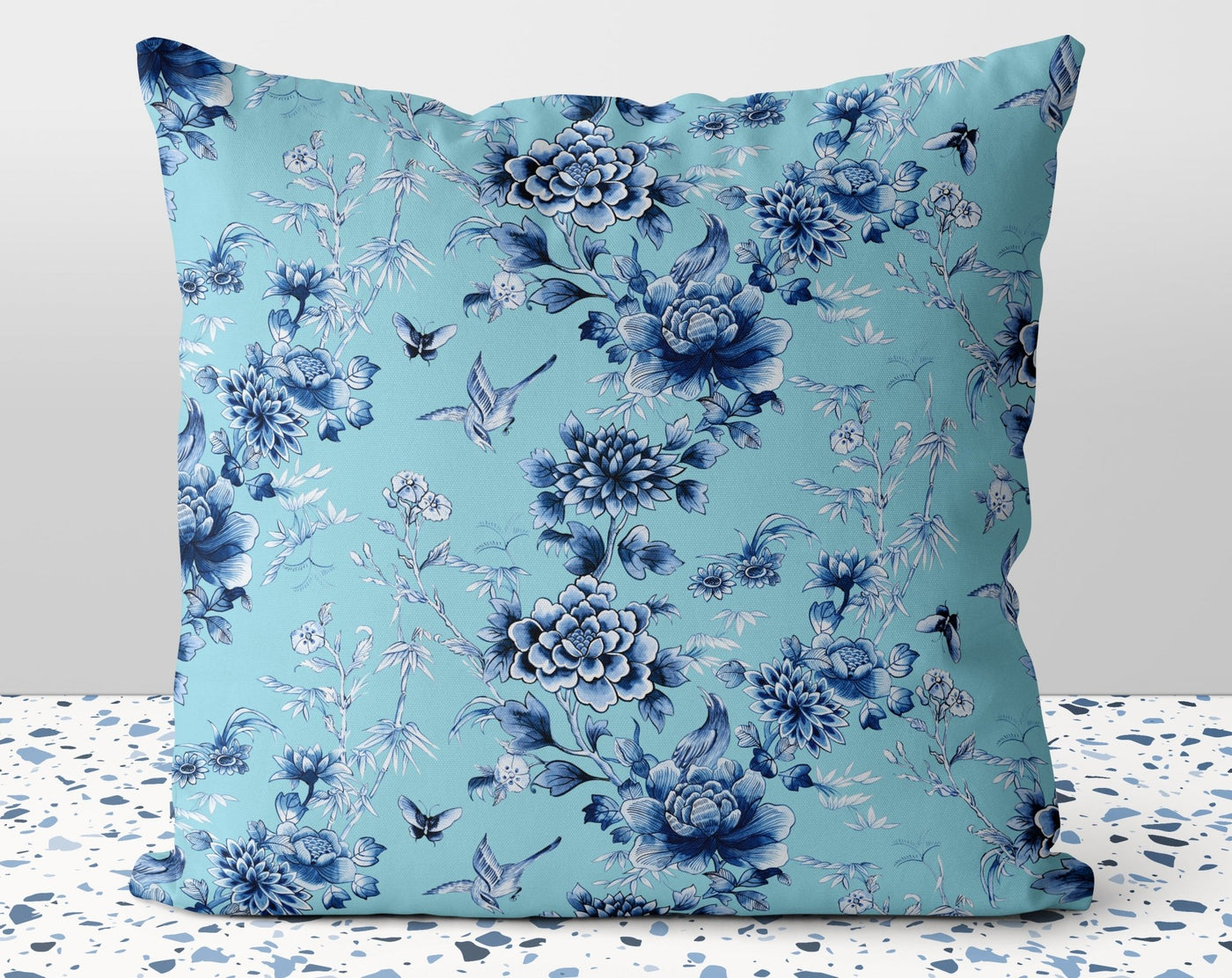 Floral Chinoiserie Flowers Baby Blue on Blue Square Pillow with Cover Throw with Insert - Cush Potato Pillows
