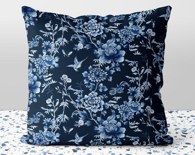 Floral Chinoiserie Flowers Blue on Blue Square Pillow with Cover Throw with Insert - Cush Potato Pillows