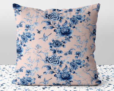Floral Chinoiserie Flowers Pink Blue Square Pillow with Cover Throw with Insert - Cush Potato Pillows