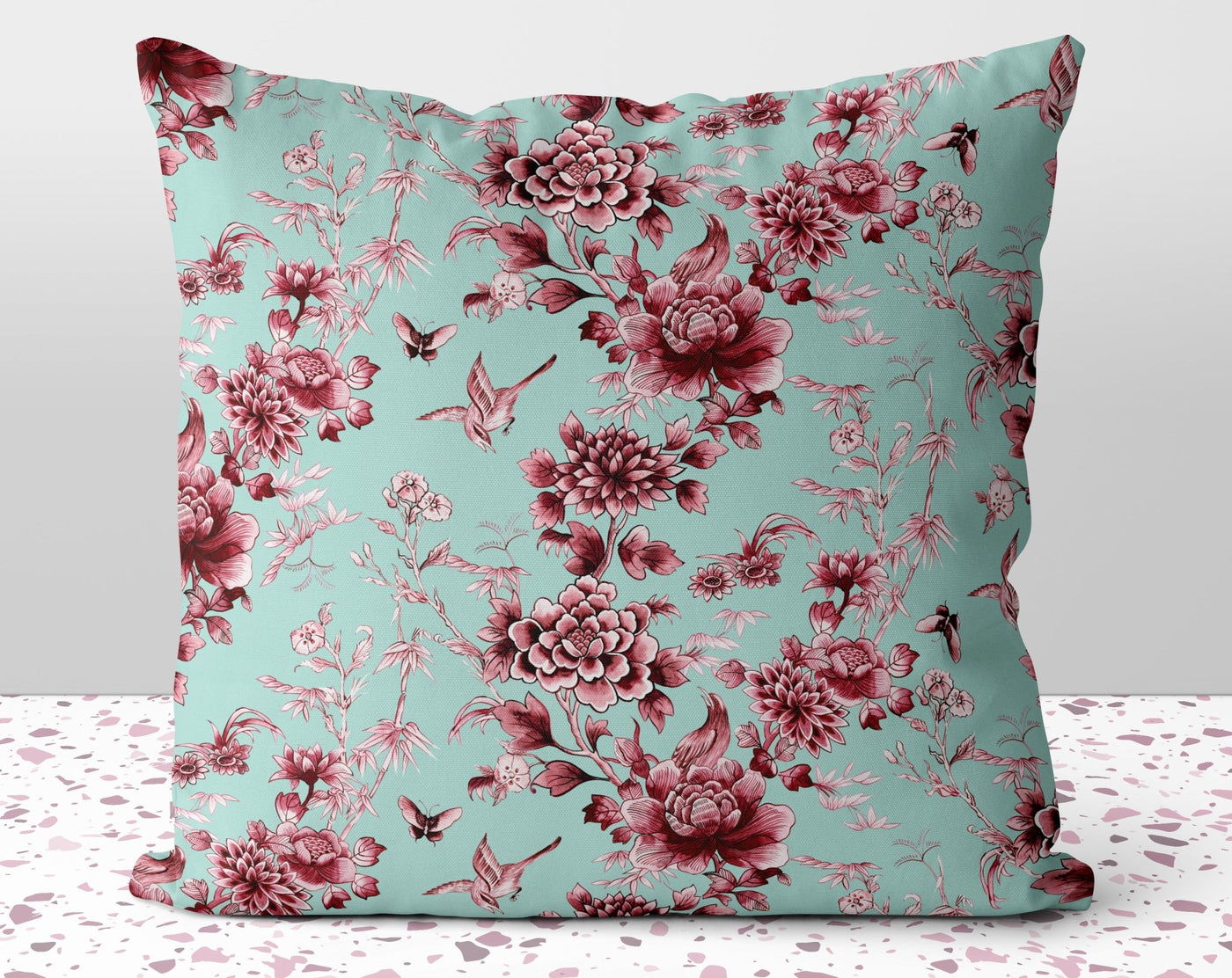 Floral Chinoiserie Flowers Red on Green Sea Square Pillow with Cover Throw with Insert - Cush Potato Pillows