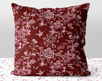Floral Chinoiserie Flowers Red Pillow Throw Cover with Insert - Cush Potato Pillows