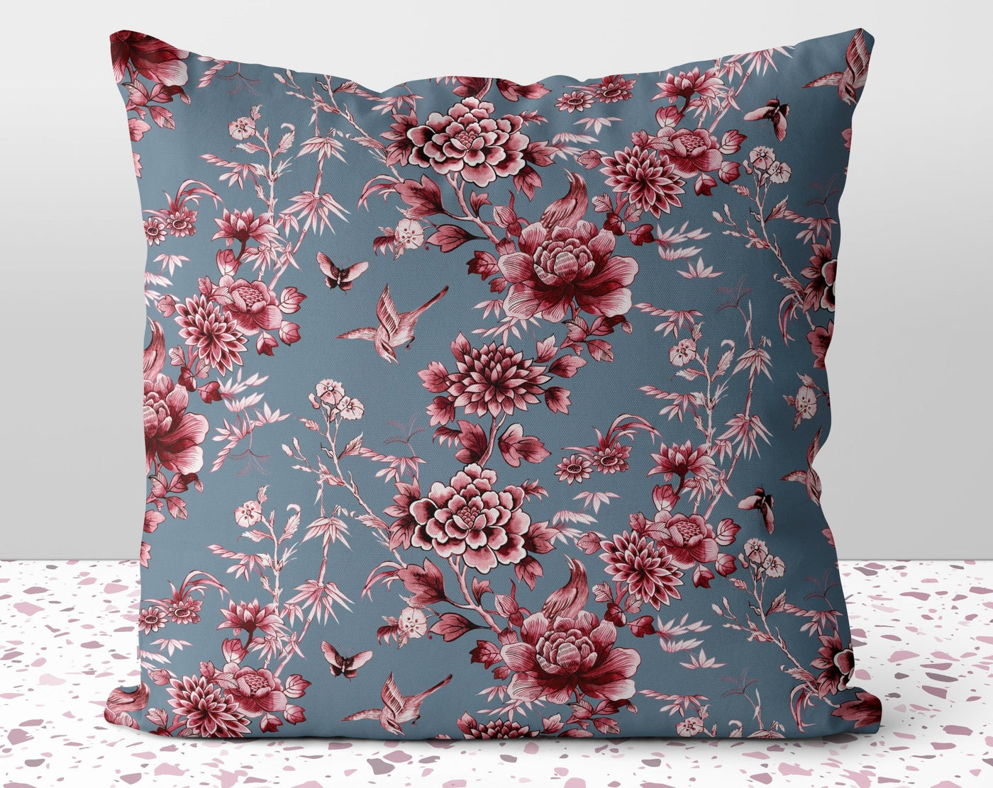 Floral Chinoiserie Red Flowers on Gray Pillow Throw Cover with Insert - Cush Potato Pillows