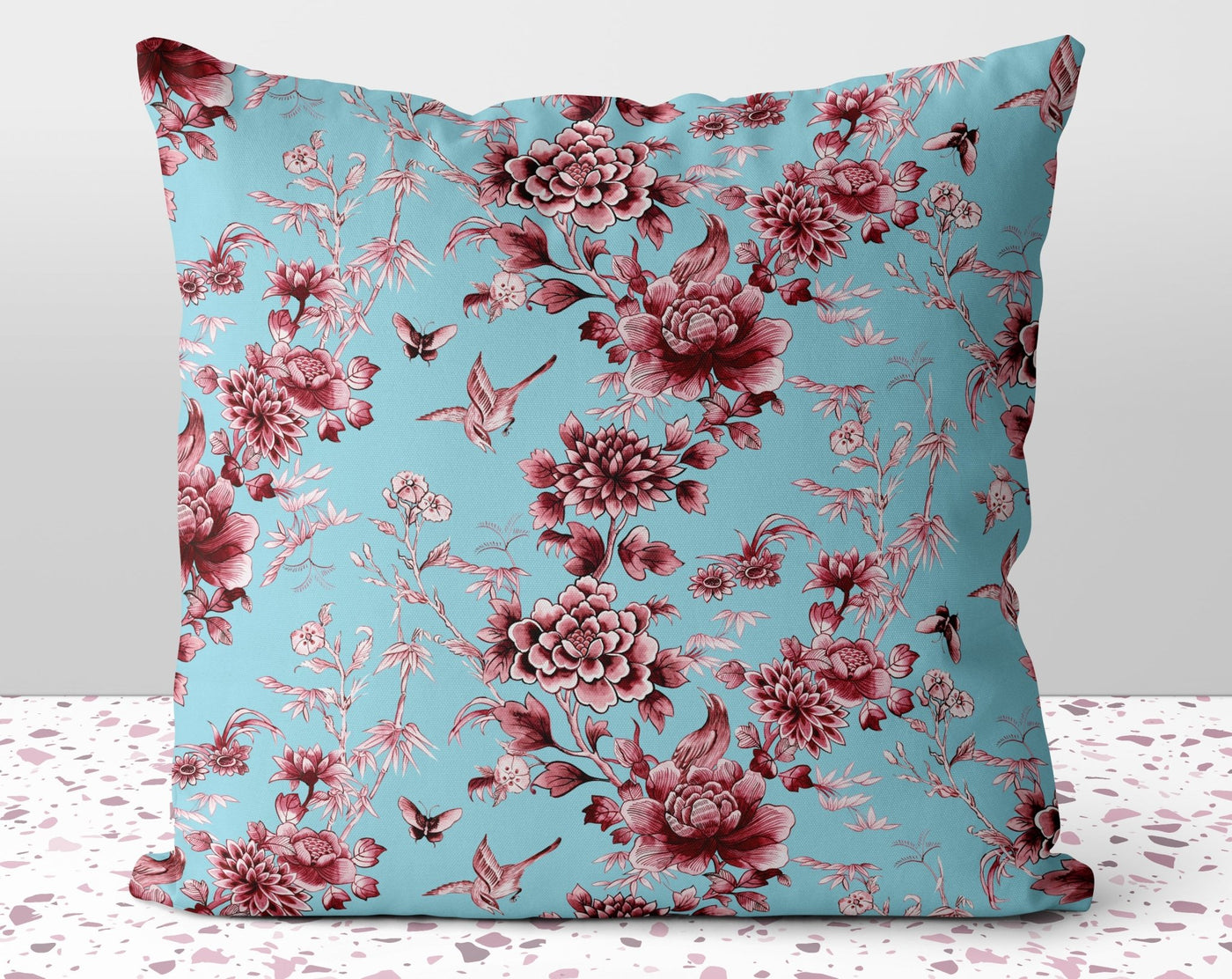 Floral Chinoiserie Red Flowers Red on Cyan Teal Blue Pillow Throw Cover with Insert - Cush Potato Pillows