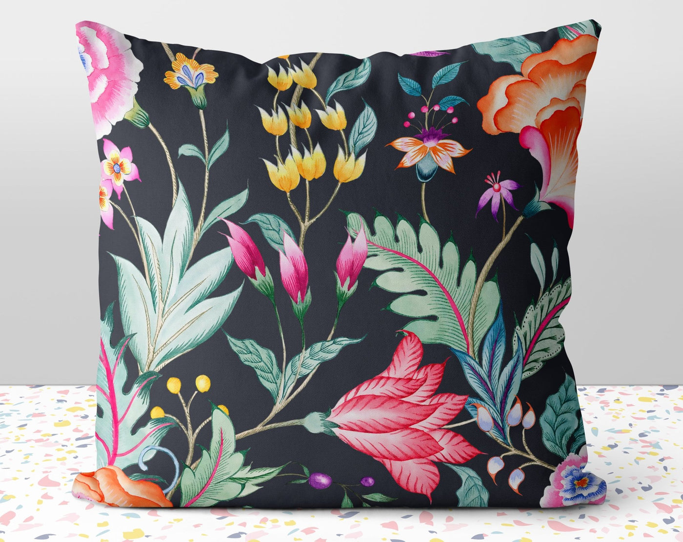 Floral Chintz Midnight Gray Decorative Throw Pillow with Insert - Cush Potato Pillows