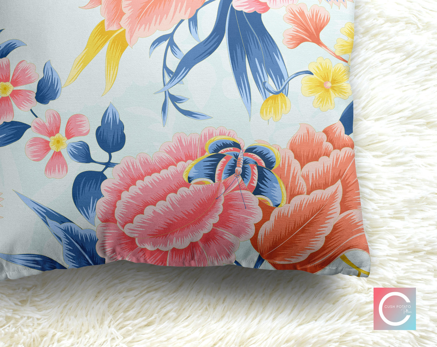 Floral Eden Baby Blue Decorative Pillow Throw Cover - Cush Potato Pillows