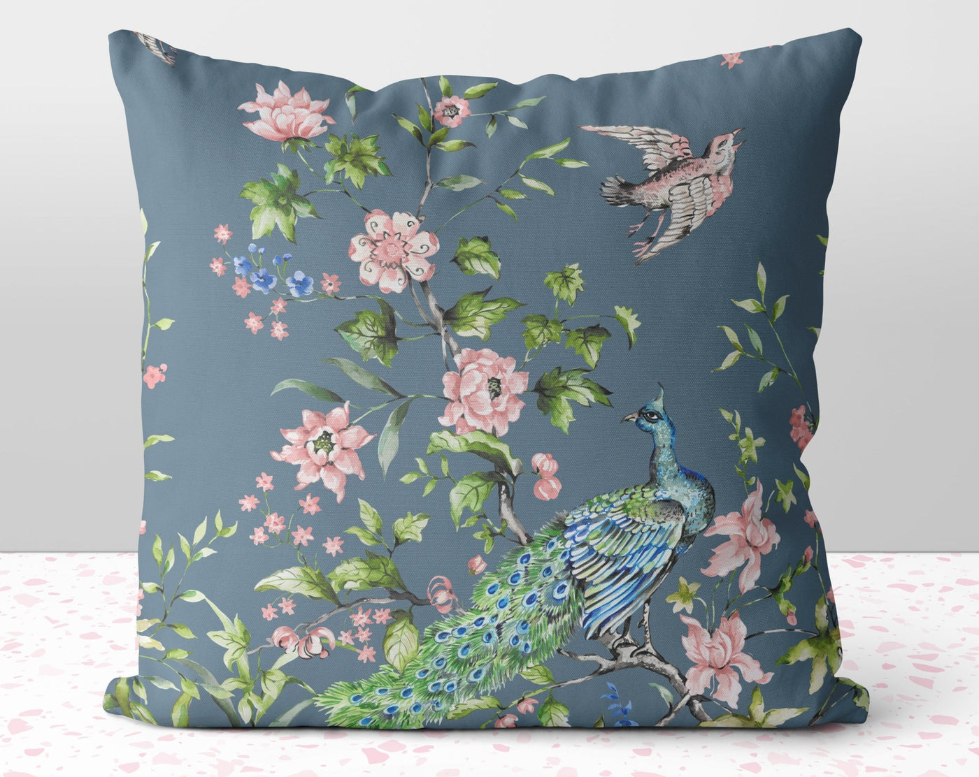 Floral Peacock Chinoiserie Flowers Pink on Gray Square Pillow with Cover Throw with Insert - Cush Potato Pillows