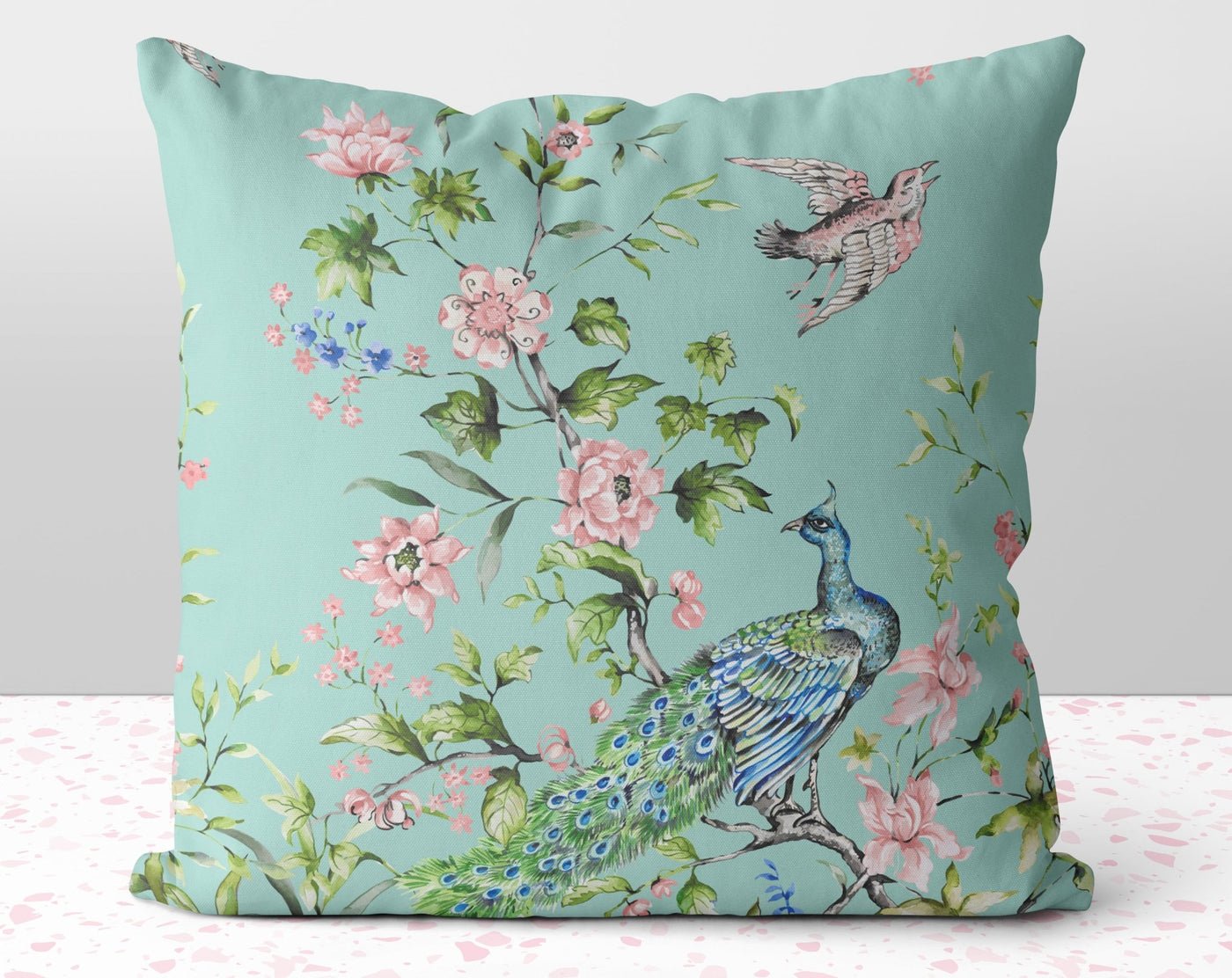 Floral Peacock Chinoiserie Flowers Pink on Mint Green Square Pillow with Cover Throw with Insert - Cush Potato Pillows