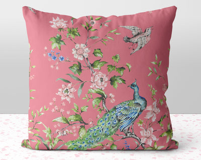 Floral Peacock Chinoiserie Flowers Pink on Pink Square Pillow with Cover Throw with Insert - Cush Potato Pillows