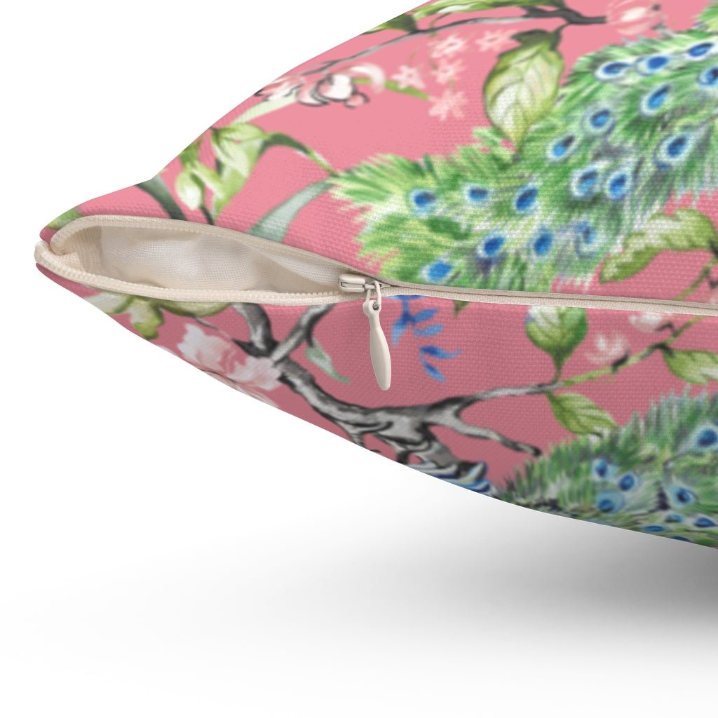 Floral Peacock Chinoiserie Flowers Pink on Pink Square Pillow with Cover Throw with Insert - Cush Potato Pillows