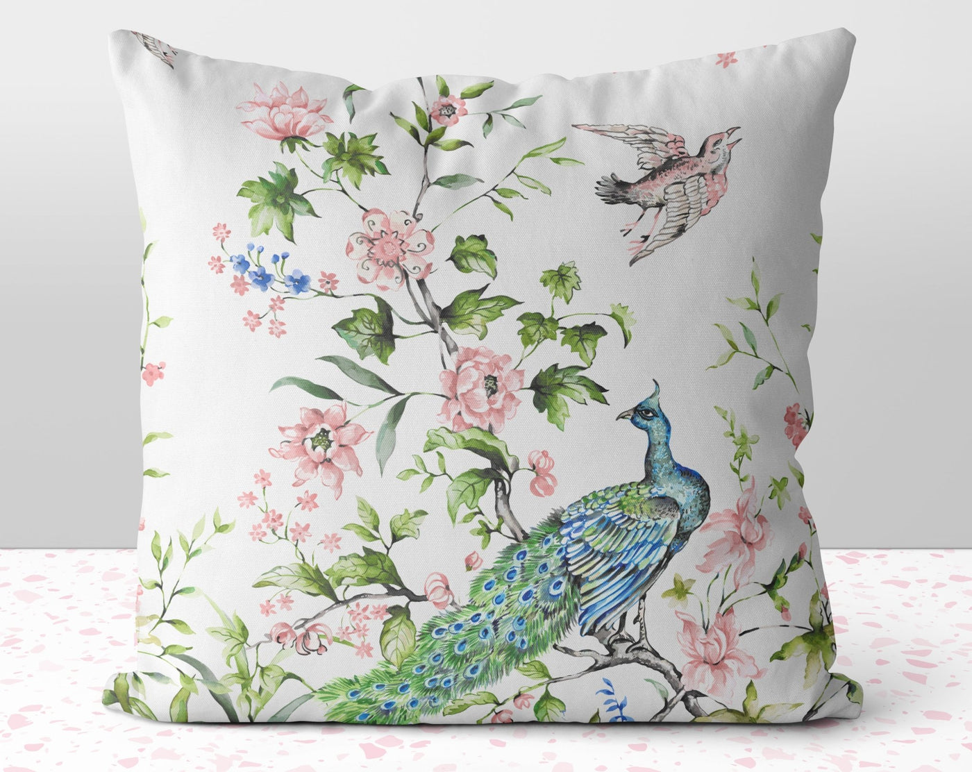 Floral Peacock Chinoiserie Flowers Pink on White Square Pillow with Cover Throw with Insert - Cush Potato Pillows