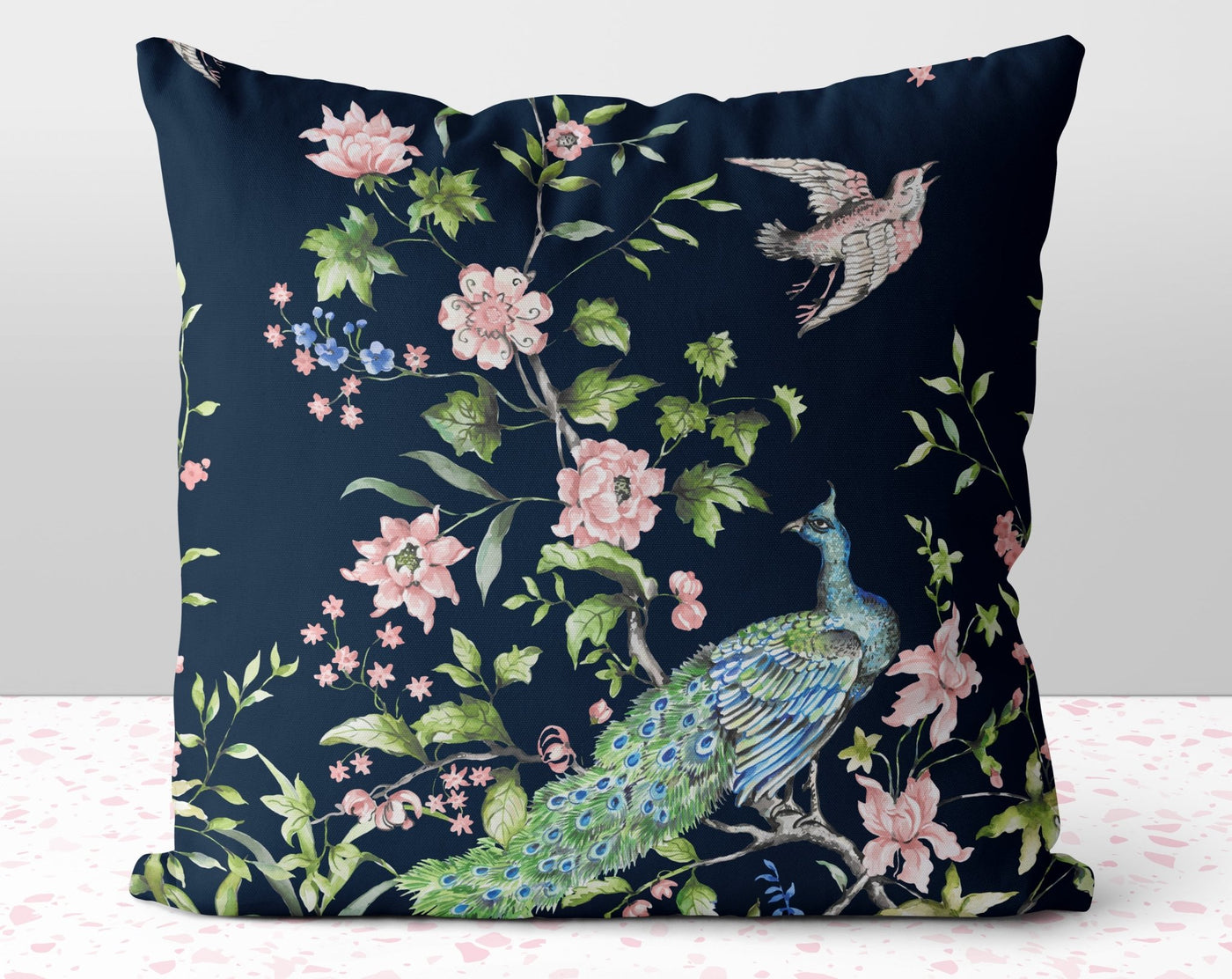 Floral Peacock Chinoiserie Pink Flowers Blue Pillow Throw Cover with Insert - Cush Potato Pillows