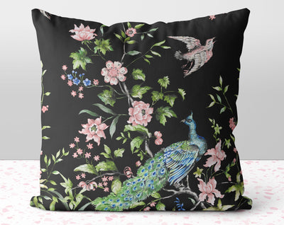 Floral Peacock Chinoiserie Pink Flowers on Gray Pillow Throw Cover with Insert - Cush Potato Pillows