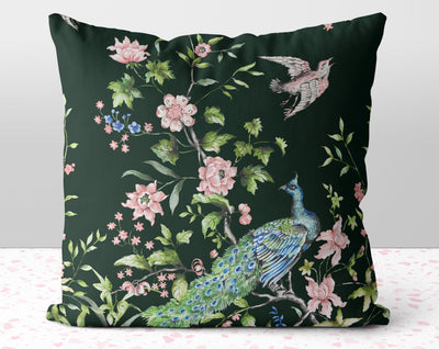 Floral Peacock Chinoiserie Pink Flowers on Green Pillow Throw Cover with Insert - Cush Potato Pillows