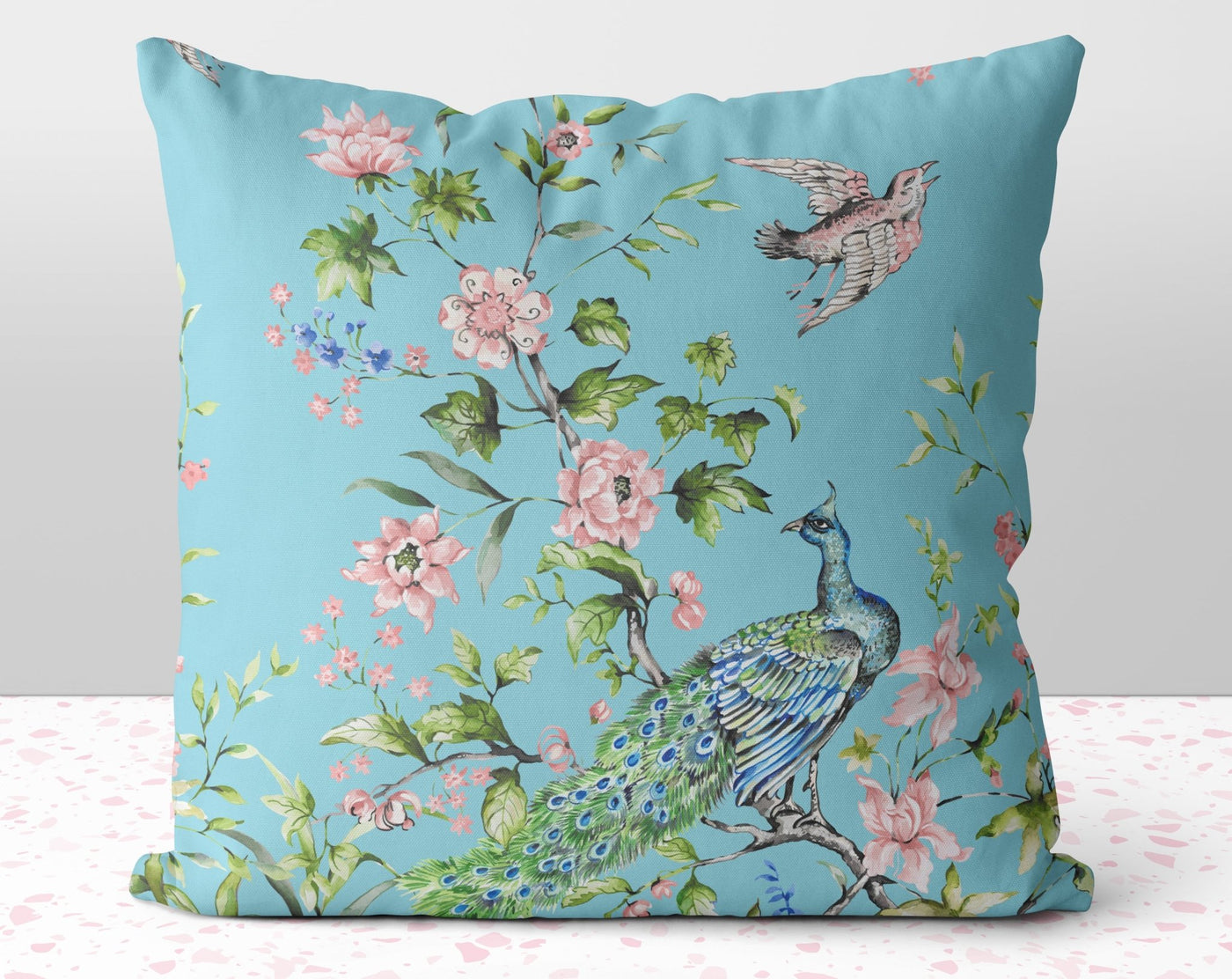 Floral Peacock Chinoiserie Pink Flowers on Teal Pillow Throw Cover with Insert - Cush Potato Pillows