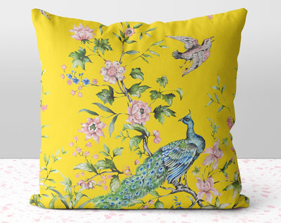 Floral Peacock Chinoiserie Pink Flowers on Yellow Pillow Throw Cover with Insert - Cush Potato Pillows